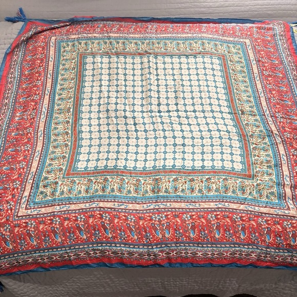 100% Silk Scarf Shawl Tassels Red Teal Ivory Floral Boho Global Artisan Wrap - Picture 13 of 14